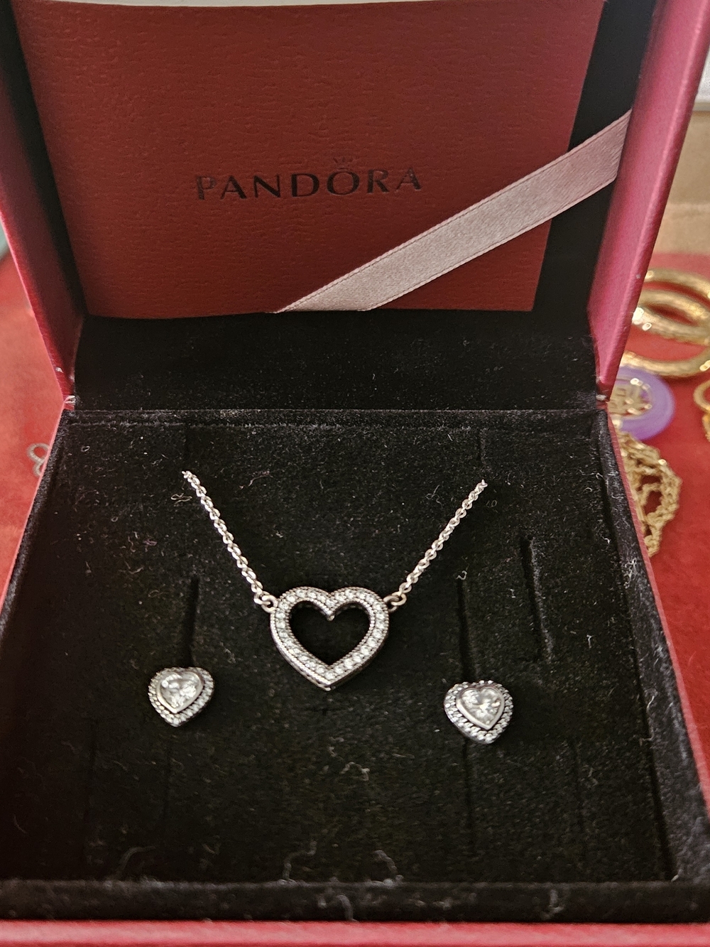 Pandora Silver Heart Pendant Necklace with Matching Heart Studs